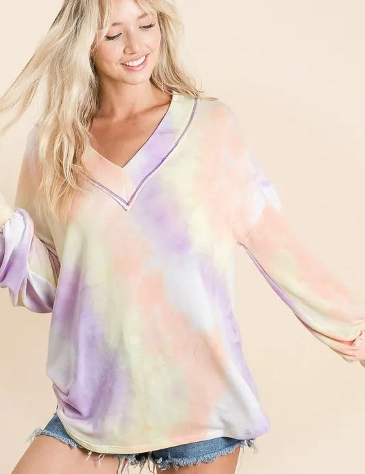 LAVENDER MULTI BiBi Tie Dye French Terry V-Neck Top with Puff Sleeves | Tops Daverri Fashions
