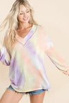 BiBi Tie Dye French Terry V-Neck Top with Puff Sleeves - DAVERRI FASHIONS