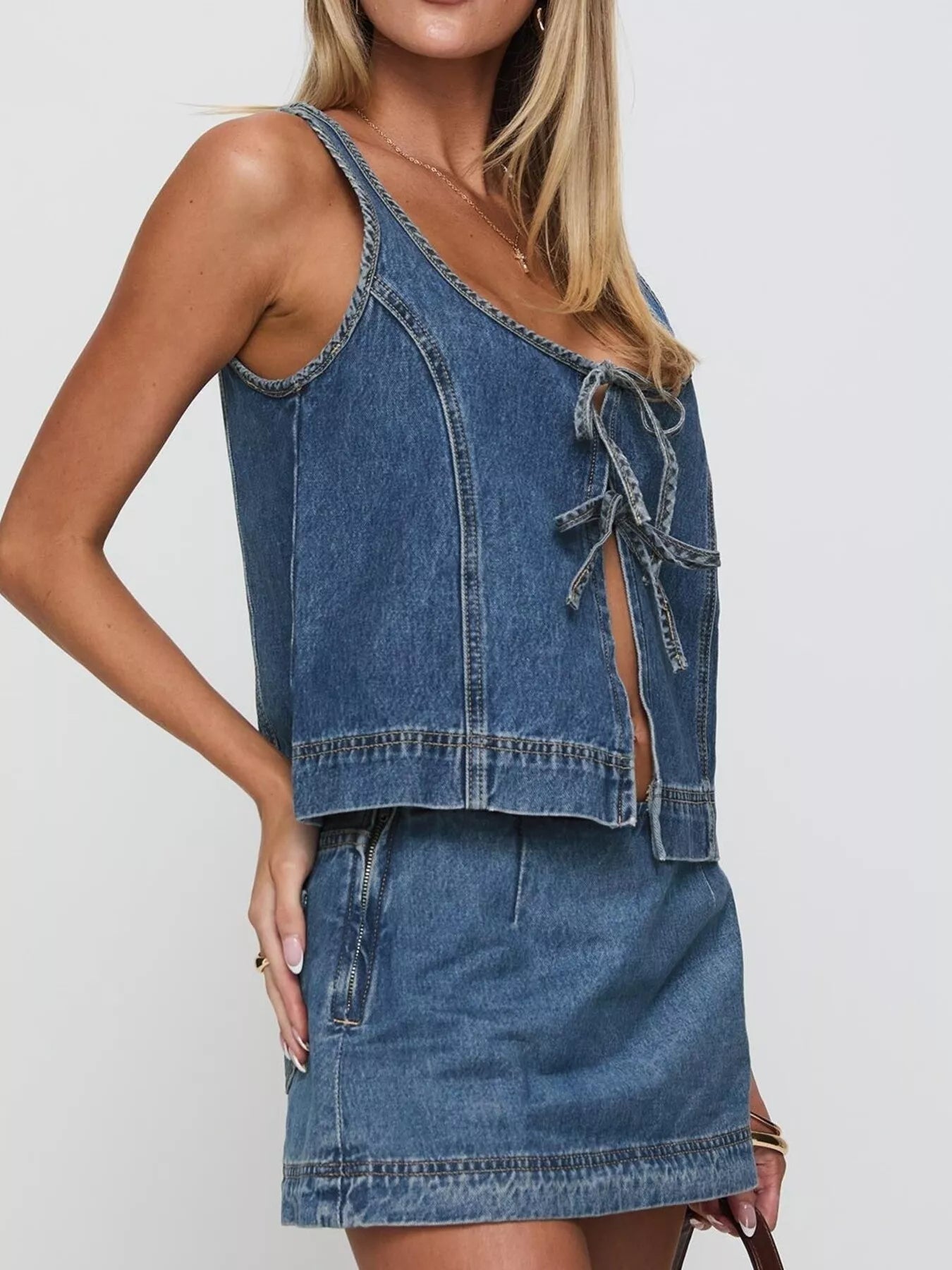 Daverri tie-front denim tank with cropped hem, front view