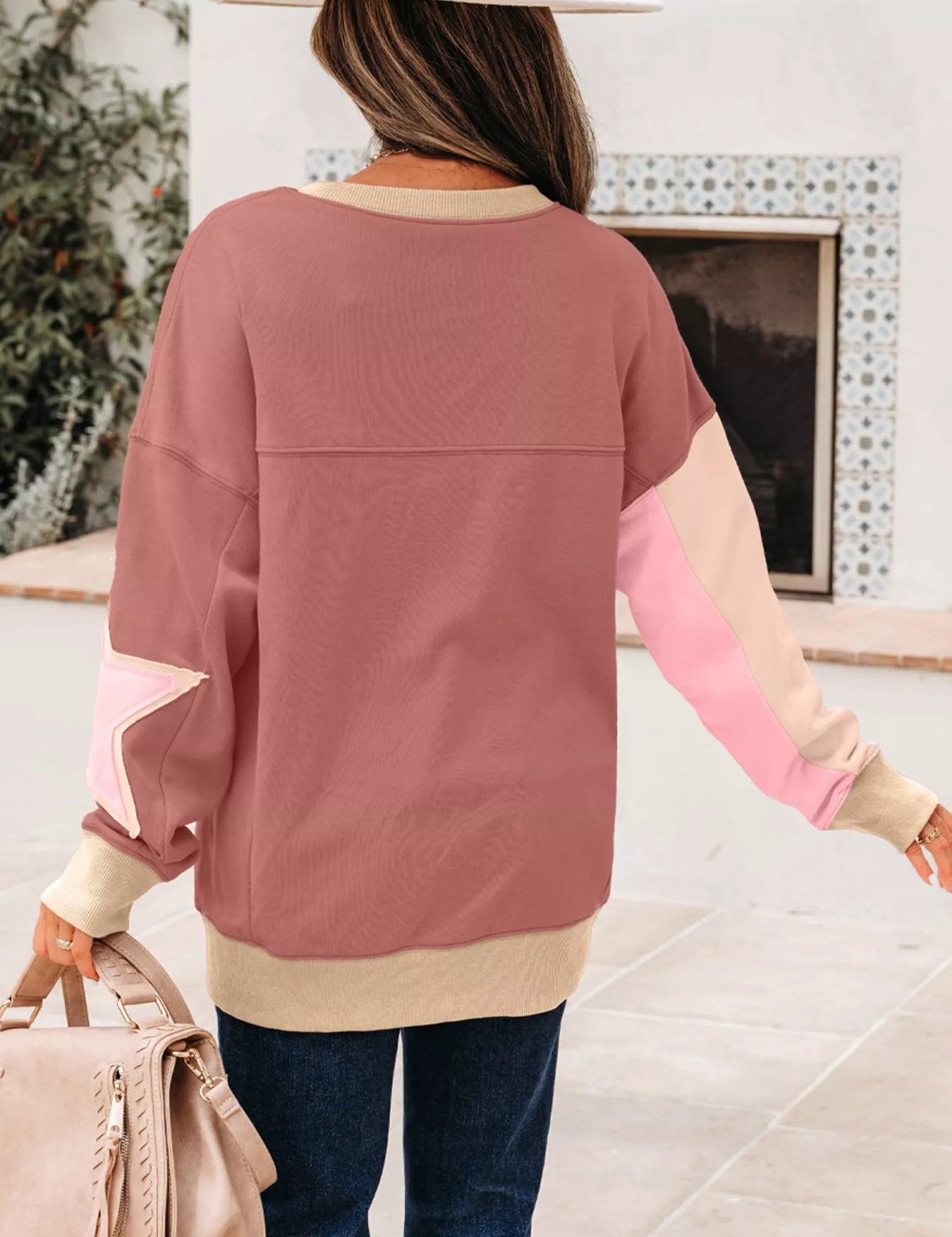 Contrast Star Patchwork Exposed Seam Uneven Hem Drop Shoulder Sweatshirt | Sweatshirts Daverri Fashions