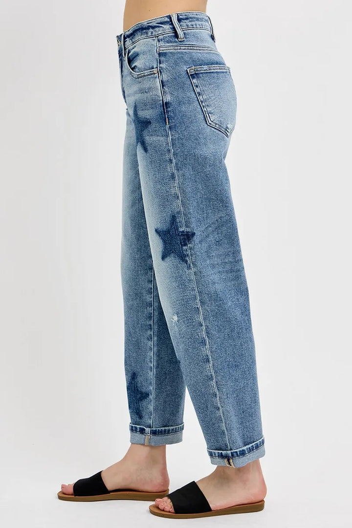 RISEN Full Size Mid Rise Boyfriend Star Shadow Detail Cuffed Jeans Jeans