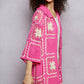 Vibrant pink POL crochet cardigan with cream floral motifs and lace trim