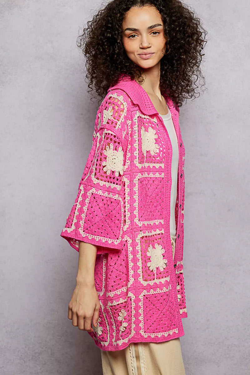Vibrant pink POL crochet cardigan with cream floral motifs and lace trim