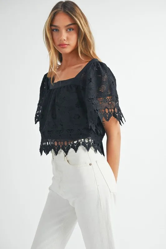 MABLE Square Neck Crochet Lace Top With Double Bow Tie Tops