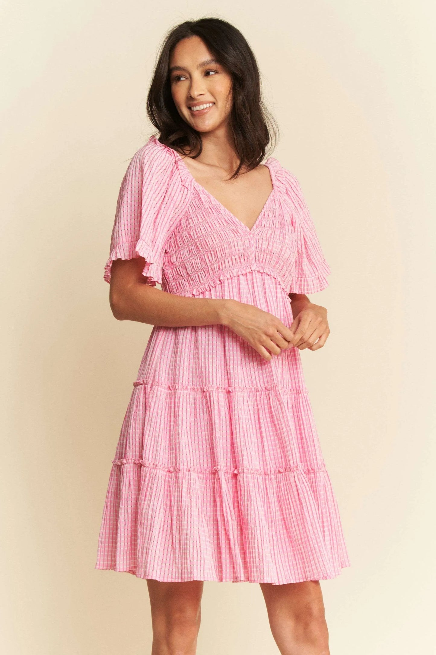 Davi & Dani Jacquard Checker Smocking Tiered Dress Mini Dresses