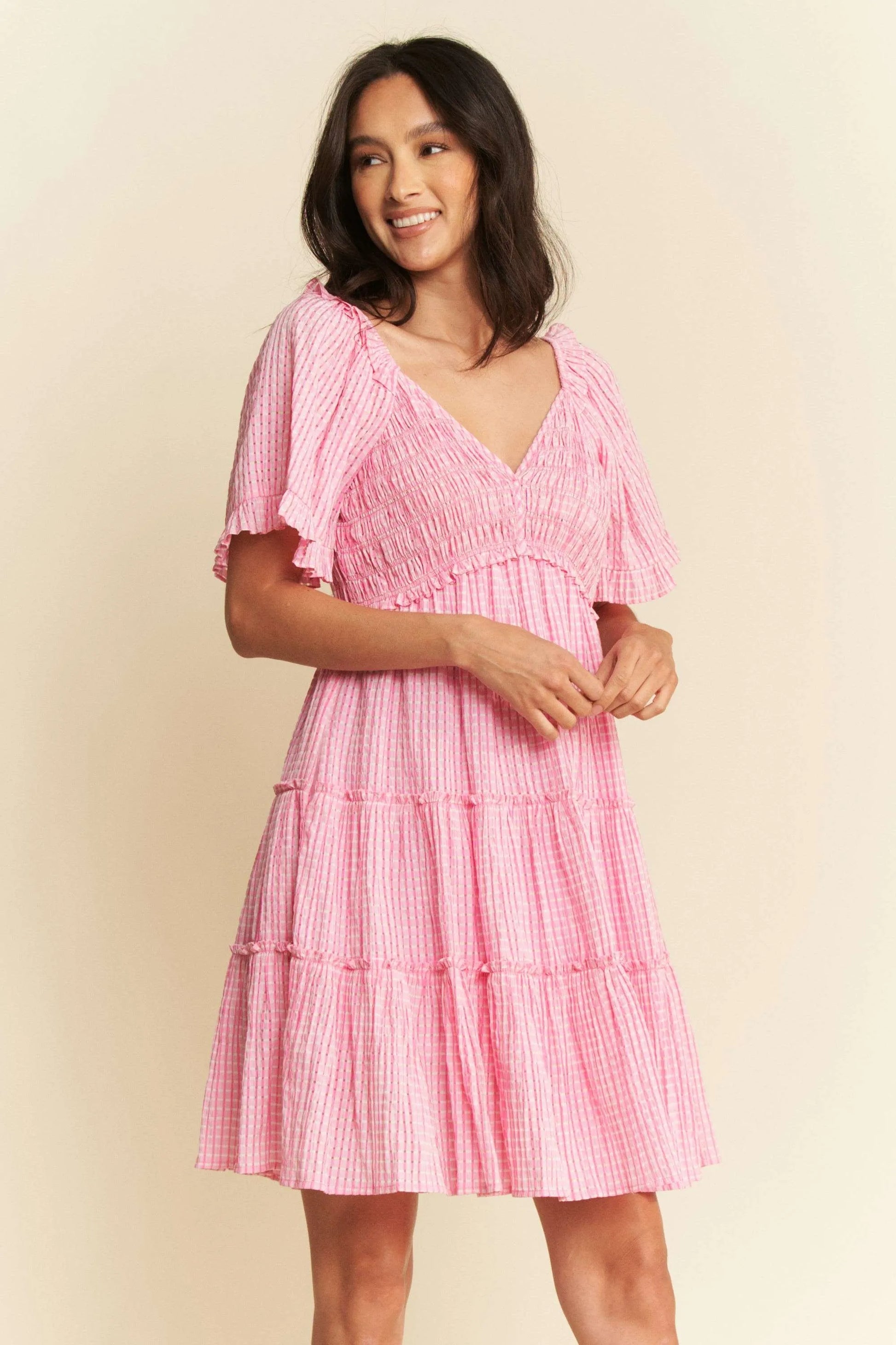 Davi & Dani Jacquard Checker Smocking Tiered Dress Mini Dresses