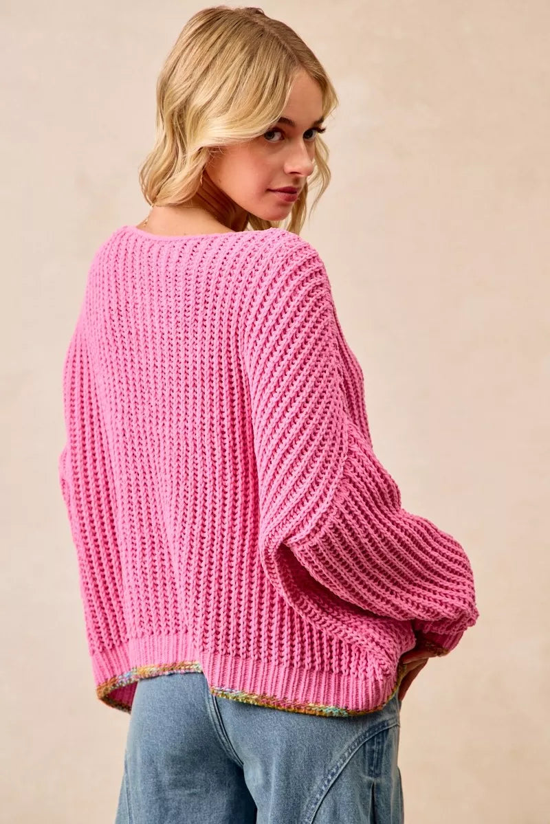 BiBi V-Neck Sweater with Colorful Trim | Daverri Fashions