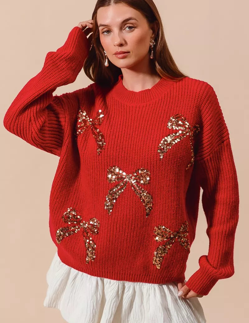 RED GOLD SO ME All Over Ribbon Sequins Christmas Holiday Sweater | Sweaters Daverri Fashions
