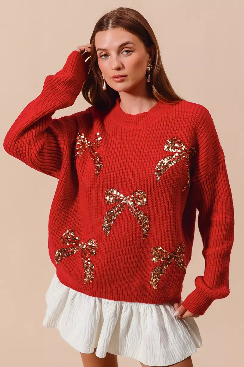 RED GOLD SO ME All Over Ribbon Sequins Christmas Holiday Sweater | Sweaters Daverri Fashions