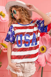 BiBi American Flag Theme USA Lettering Sequin Top | Tops Daverri Fashions