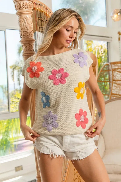 BiBi Multi Jeweled Crochet Flower Patch Sweater Vest - DAVERRI FASHIONS