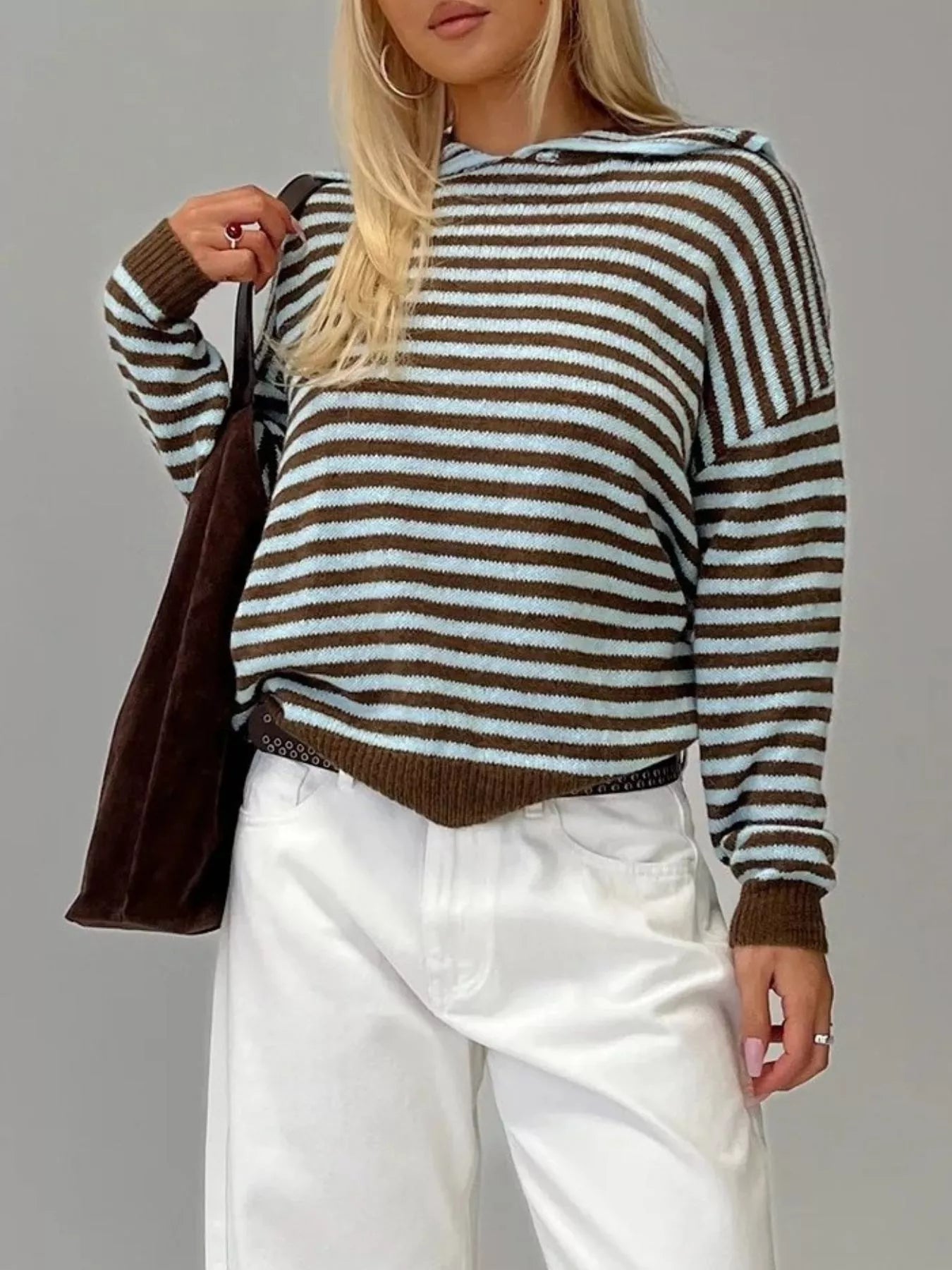 Cozy oversized brown and light blue striped women’s knit sweater