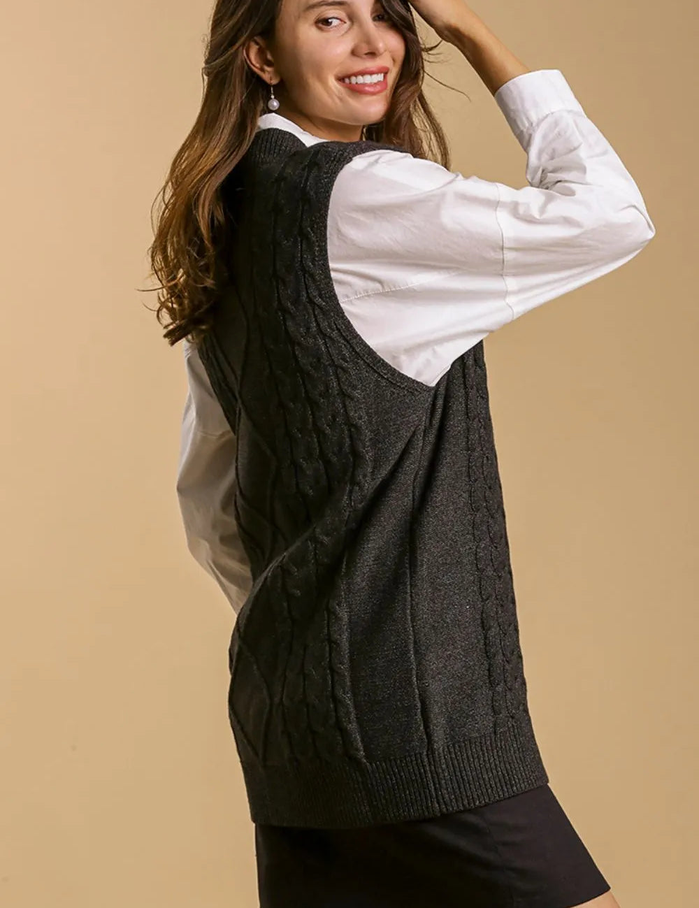Umgee Full Size Cable V-Neck Vest Sweater Plus Size | Sweater Vests Daverri Fashions