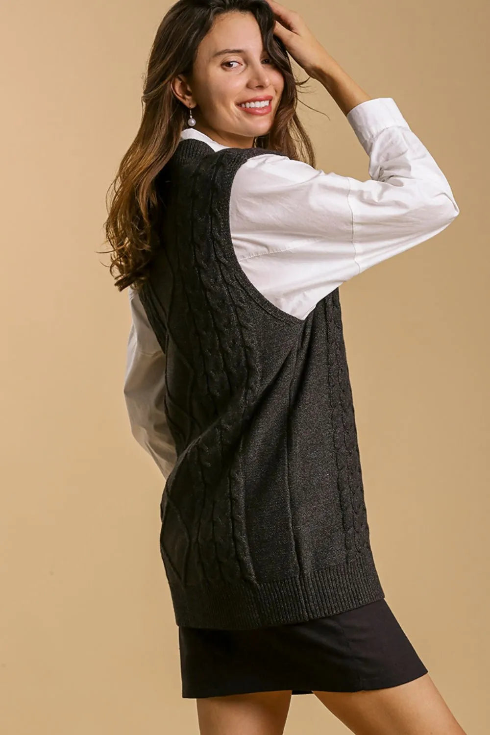 Umgee Full Size Cable V-Neck Vest Sweater Plus Size | Sweater Vests Daverri Fashions