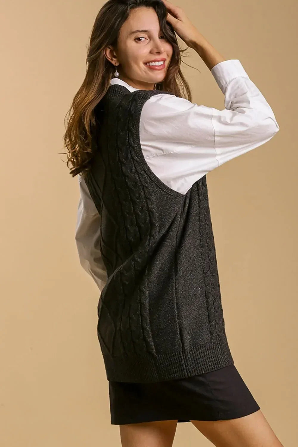 Umgee Full Size Cable V-Neck Vest Sweater Plus Size - DAVERRI FASHIONS