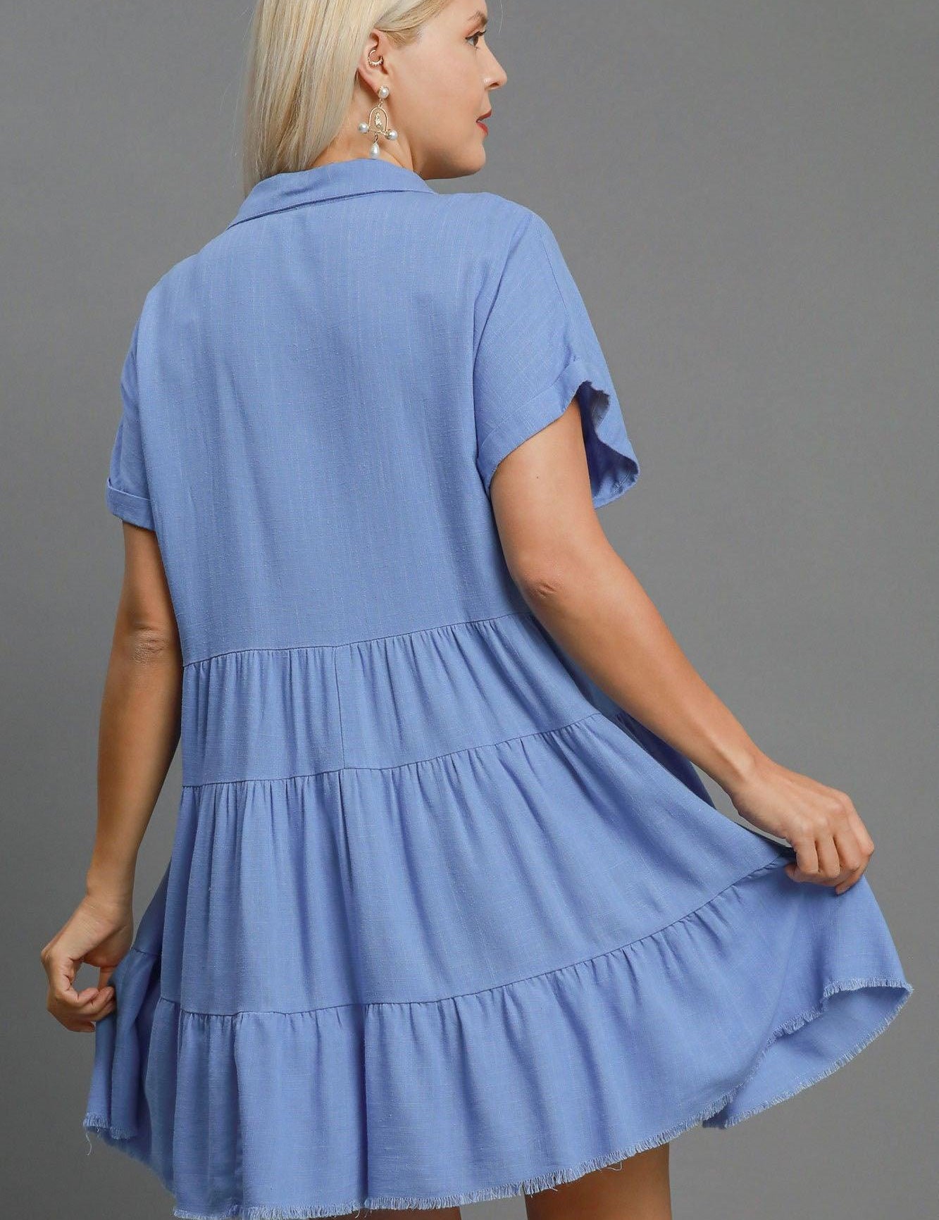 Umgee Full Size Sky Blue Raw Hem Folded Sleeve Tiered Dress | Mini Dresses Daverri Fashions