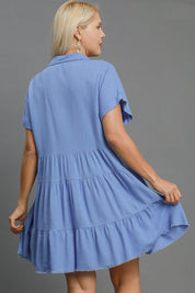 Umgee Full Size Sky Blue Raw Hem Folded Sleeve Tiered Dress | Mini Dresses Daverri Fashions