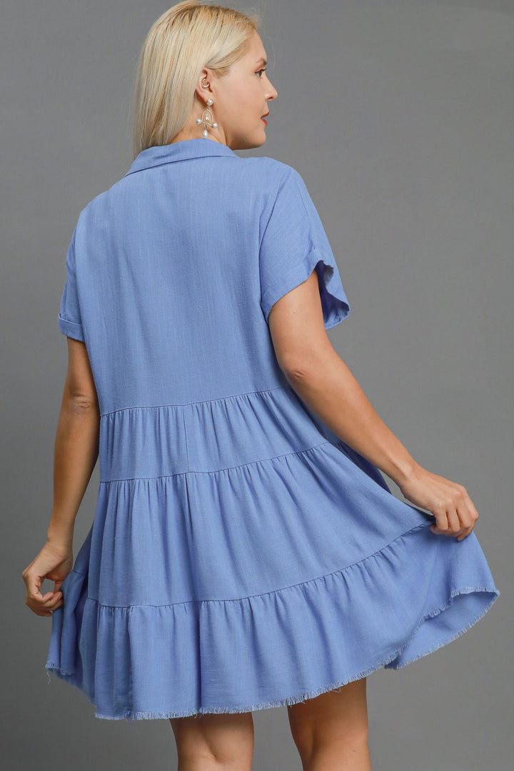 Umgee Full Size Sky Blue Raw Hem Folded Sleeve Tiered Dress Mini Dresses