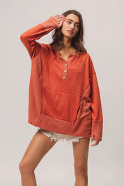 BiBi French Terry Knit Side Block Buttoned Henley Top | Knit Tops Daverri Fashions