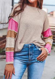Beige Color Block Round Neck Long Sleeve Sweater | Sweaters Daverri Fashions