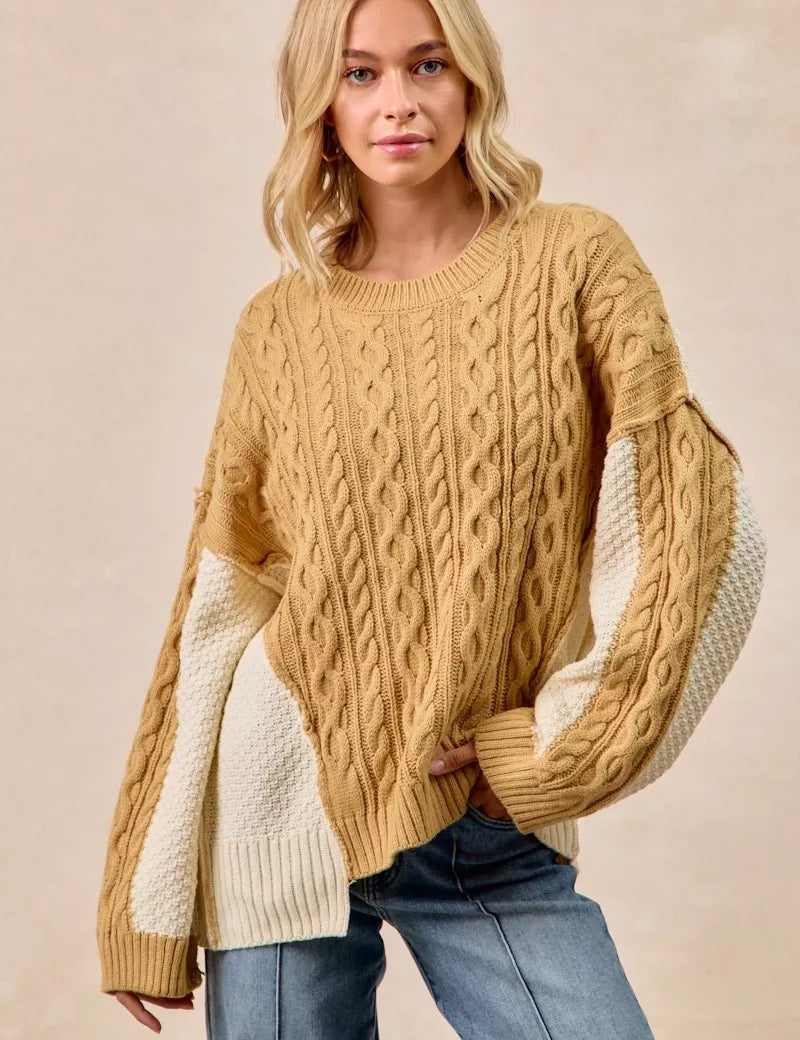 LT MUSTARD IVORY BiBi Cable Knit With Hacci Combo Sweater With Uneven Hem Detail | Sweaters Daverri Fashions