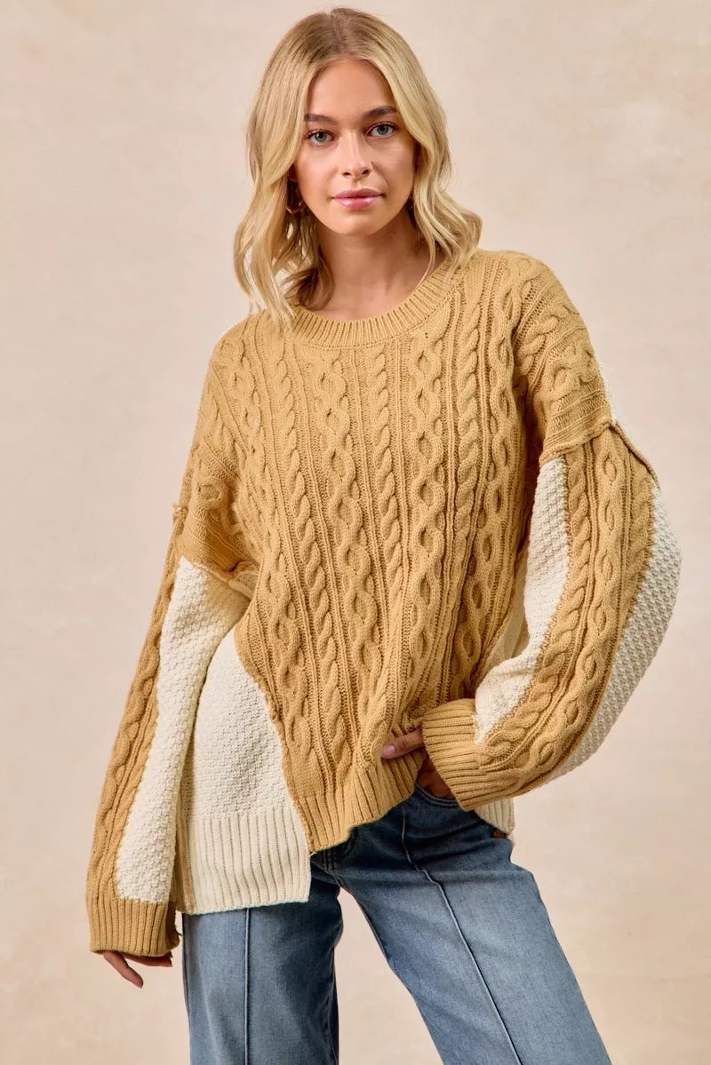 LT MUSTARD IVORY BiBi Cable Knit With Hacci Combo Sweater With Uneven Hem Detail | Sweaters Daverri Fashions