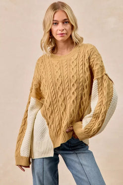 BiBi Cable Knit With Hacci Combo Sweater With Uneven Hem Detail - DAVERRI FASHIONS