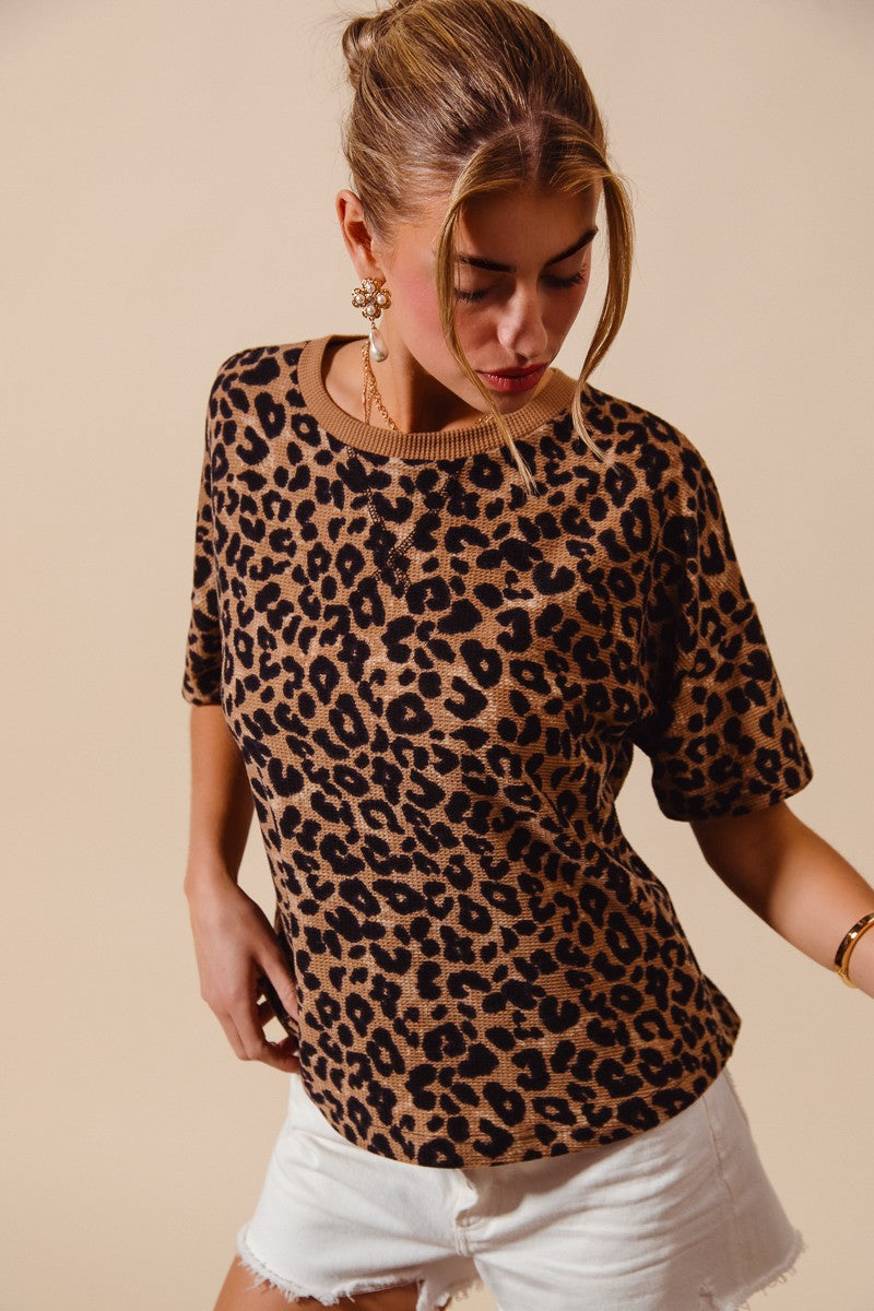 SO ME Leopard Thermal Waffle Knit Loose Fit Top front view