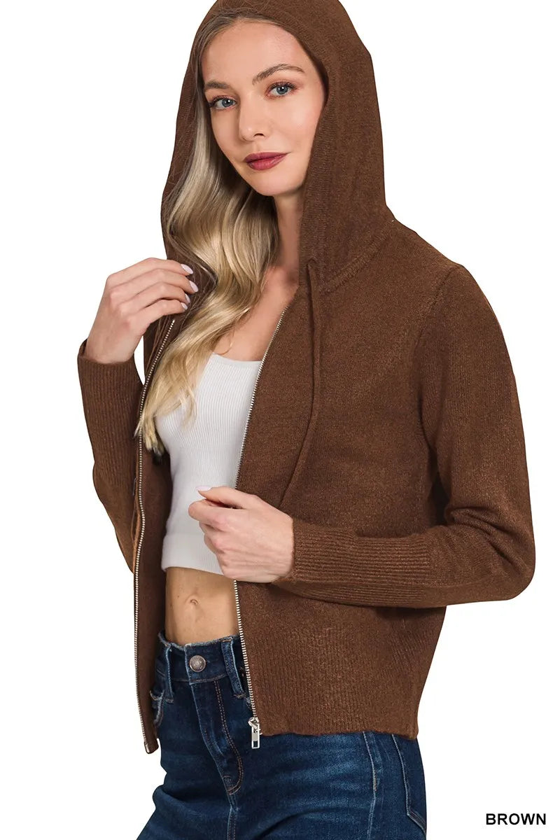 Zenana Drawstring Zip Up Hooded Cardigan Brown | Cardigans Daverri Fashions