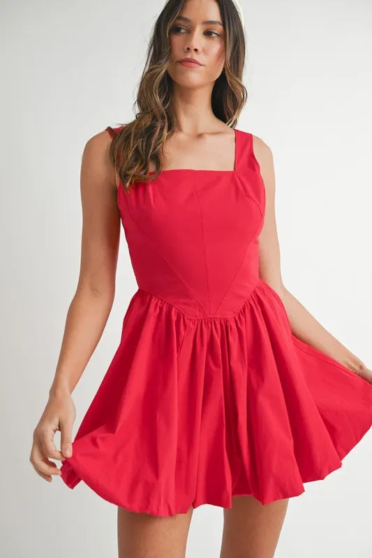 MABLE Poplin Square Neckline Bubble Mini Dress RED M