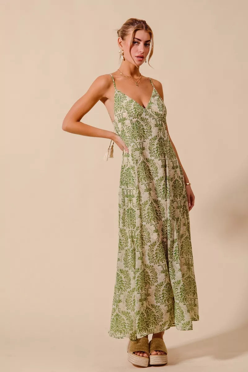 SO ME damask floral sage green cream maxi dress back view