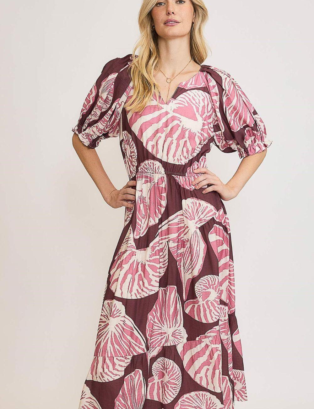 PLUM MAUVE Umgee Full Size Printed Notched Puff Sleeve Midi Dress Plus Size | Daverri Fashions