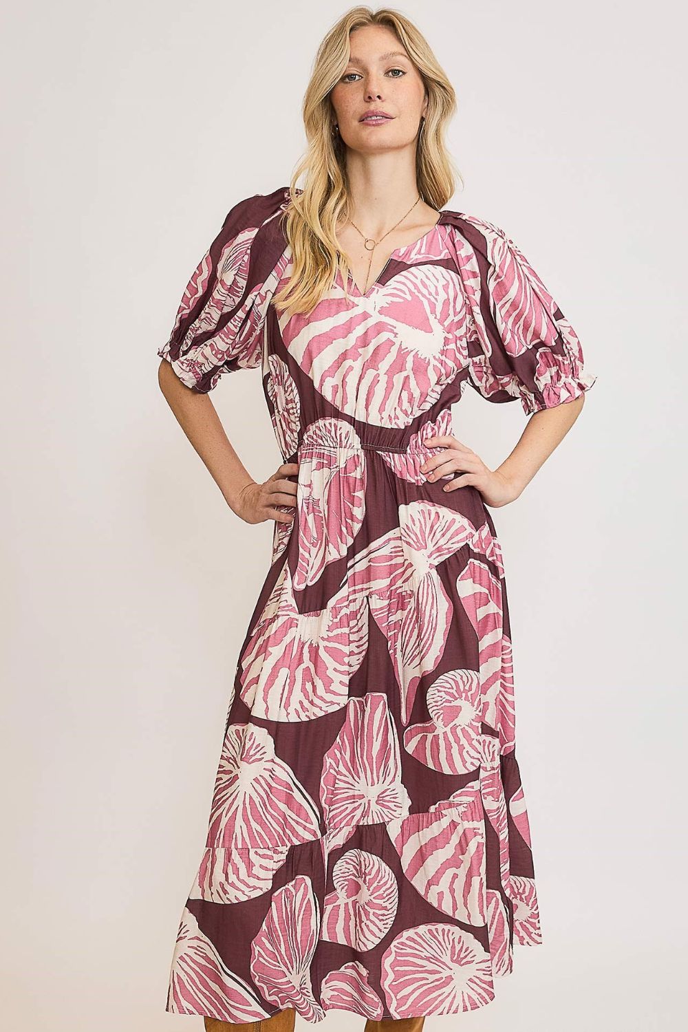 Umgee Full Size Printed Notched Puff Sleeve Midi Dress Plus Size PLUM MAUVE