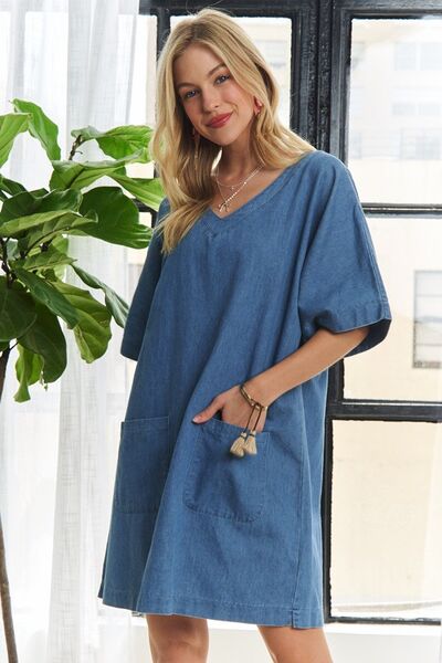 ADORA V-Neck Half Sleeve Mini Denim Dress Mini Dresses