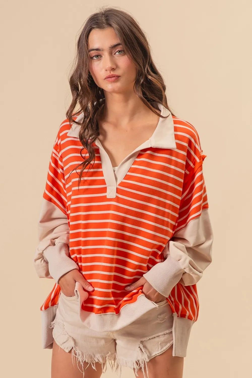 BiBi Stripe Knit Loose Fit Top With Cut Edge Detail Tops