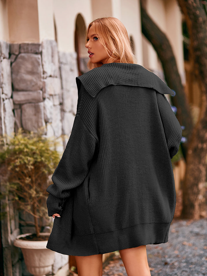 Black ribbed knit oversized dropped shoulder cardigan with wide collar and long sleeves
