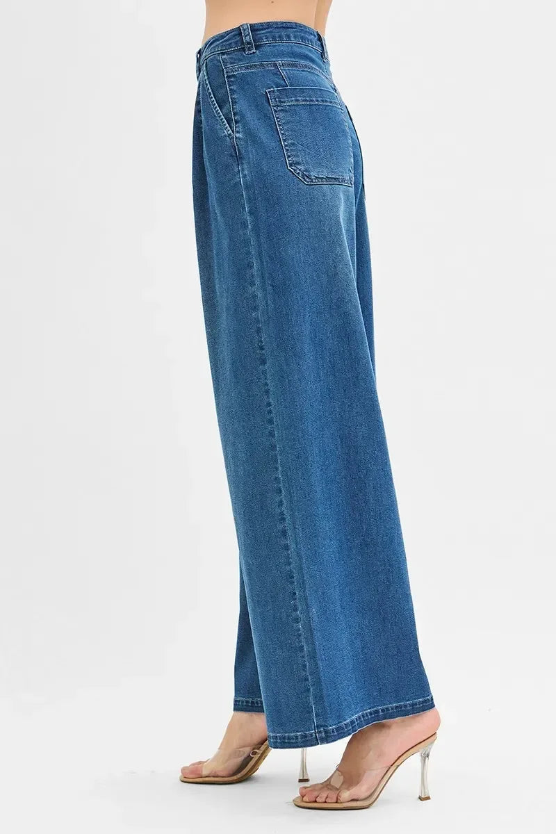 RISEN Mid Rise Fit Wide Leg Knit Denim Look Jeans - DAVERRI FASHIONS