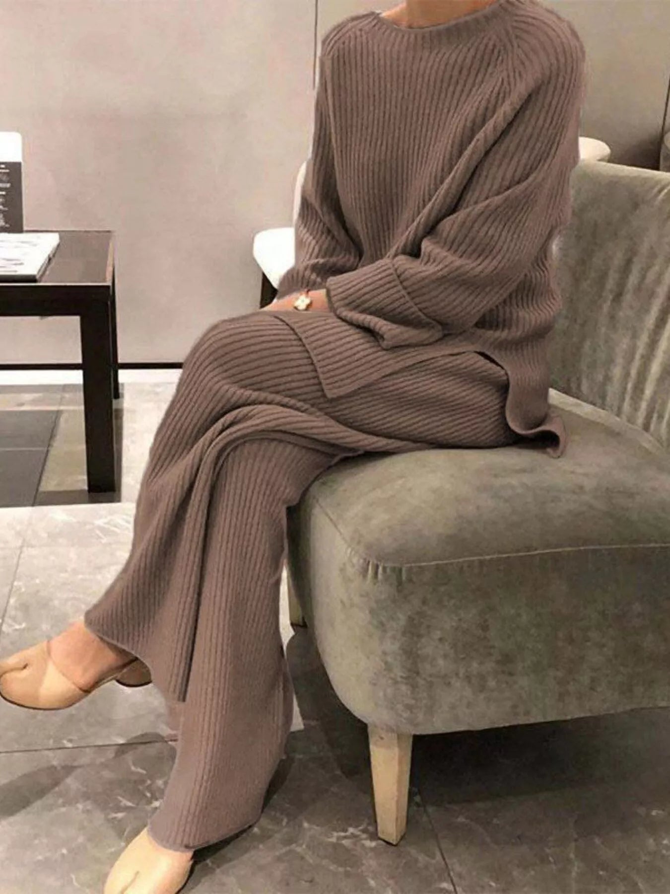 Cozy muted taupe ribbed knit plus size loungewear set