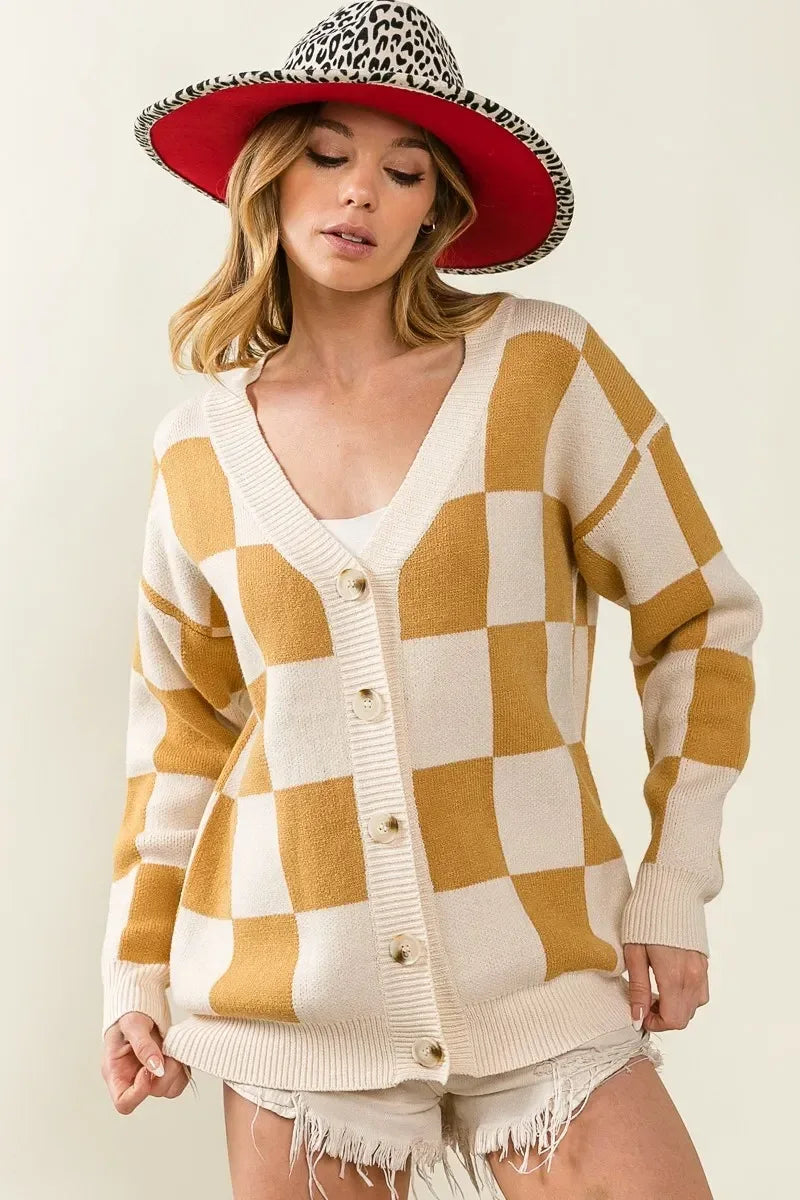 BiBi Checked V-neck Cardigan - DAVERRI FASHIONS