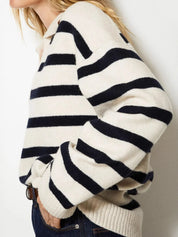 Striped Johnny Collar Long Sleeve Sweater | Sweaters Daverri Fashions