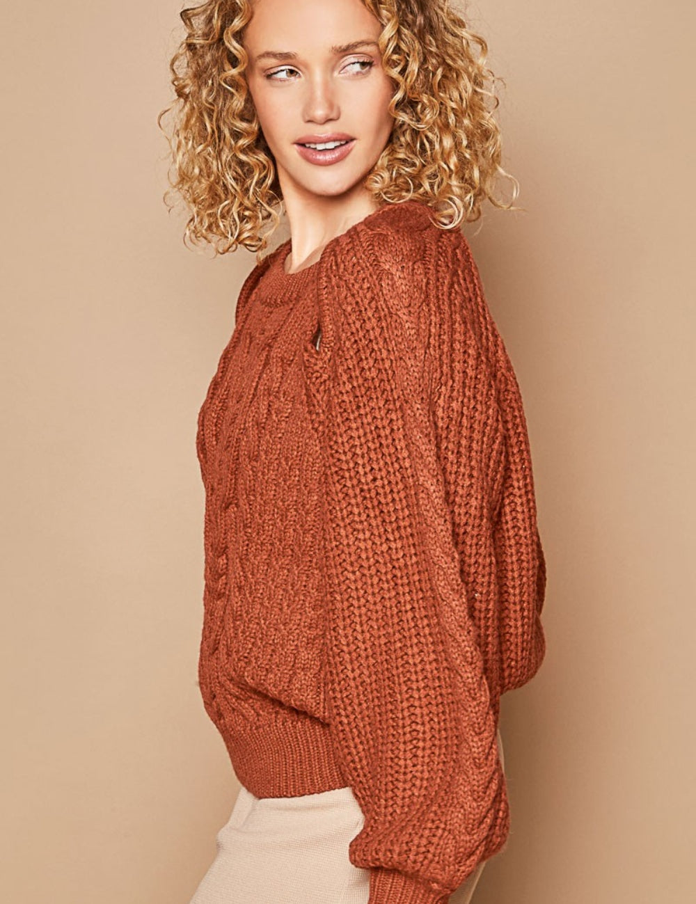 POL Cable Knit Cutout Long Sleeve Sweater