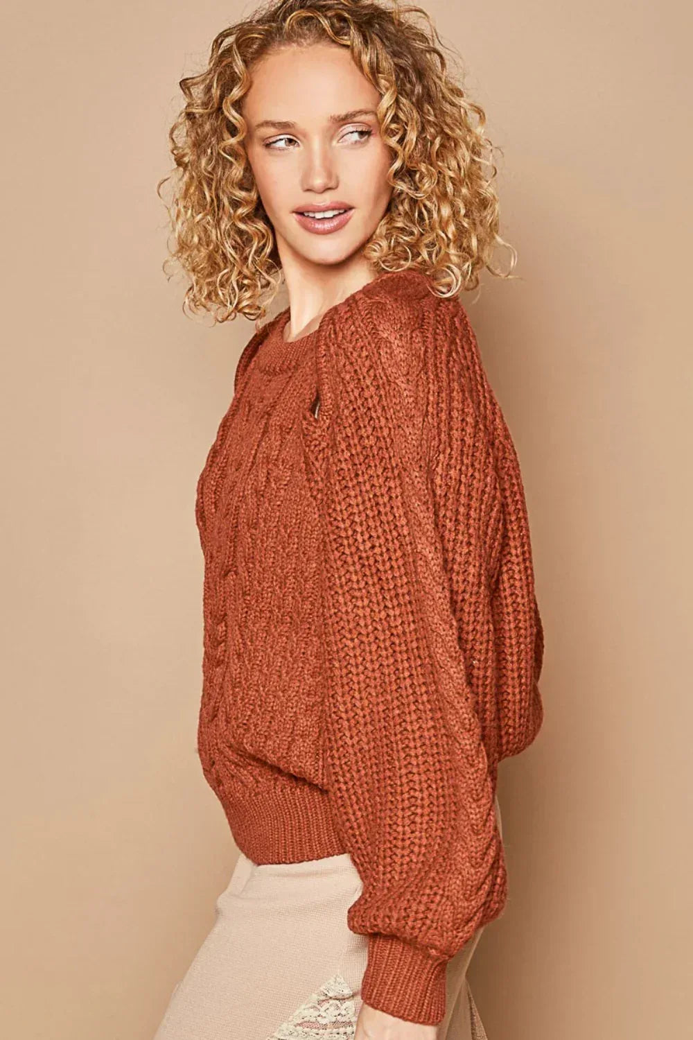 POL Cable Knit Cutout Long Sleeve Sweater - DAVERRI FASHIONS