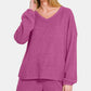 Zenana V-Neck Long Sleeve Ribbed Top and Shorts Set Short Sets