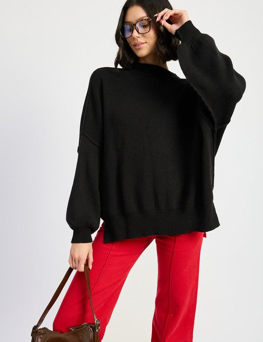 Oversized Long Sleeved Side Slit Sweater BLACK Tops