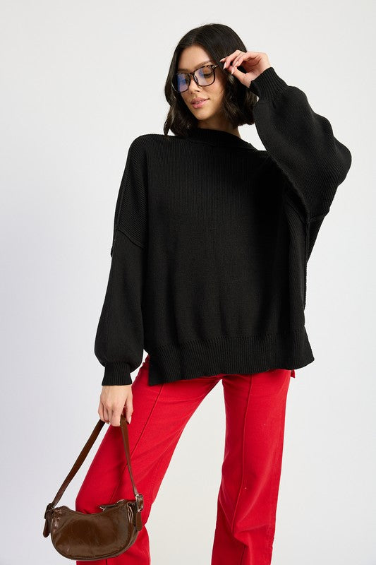 Oversized Long Sleeved Side Slit Sweater BLACK Tops