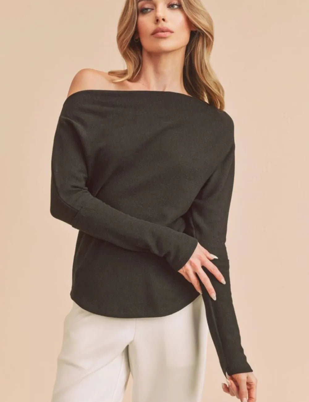 Black Aemi + Co One Shoulder Long Sleeve Knit Top | Daverri Fashions