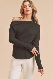 Black Aemi + Co One Shoulder Long Sleeve Knit Top | Daverri Fashions