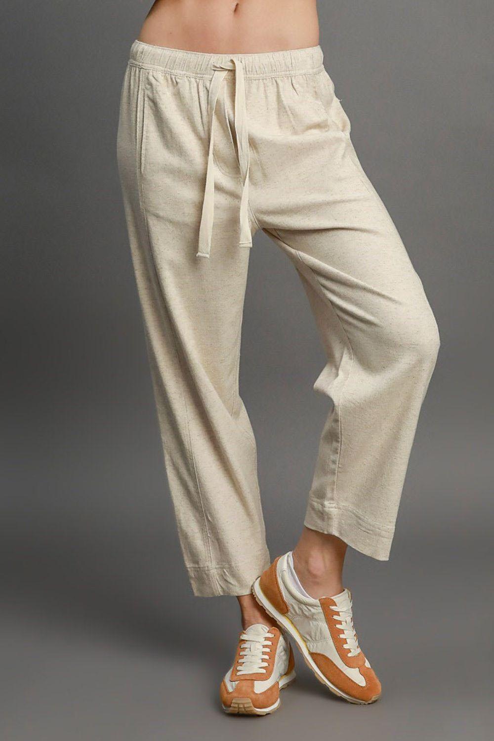 Umgee Full Size Drawstring Elastic Waistband Linen Blend Pants Plus Size Pants