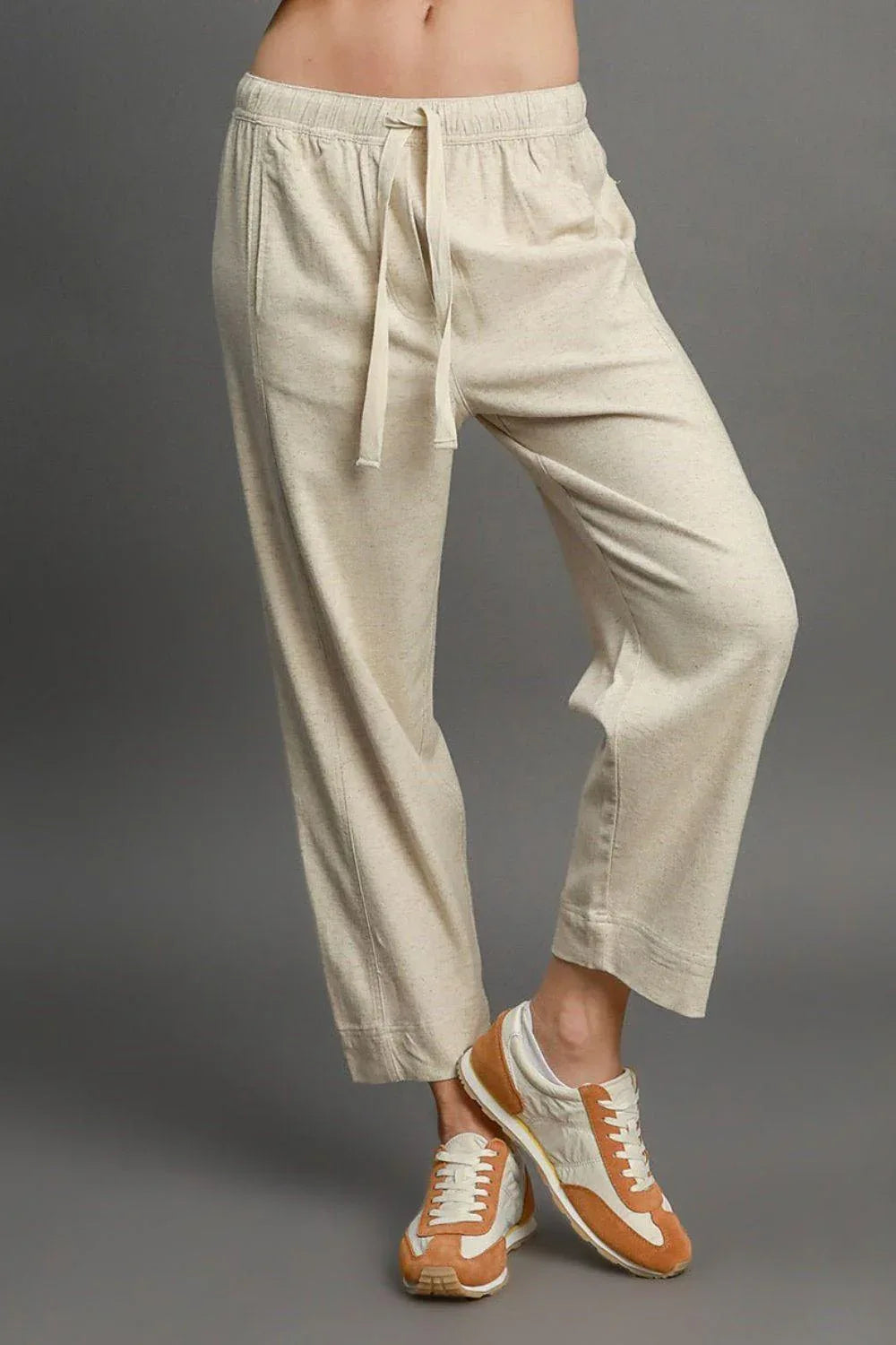 Umgee Full Size Drawstring Elastic Waistband Linen Blend Pants Plus Size - DAVERRI FASHIONS