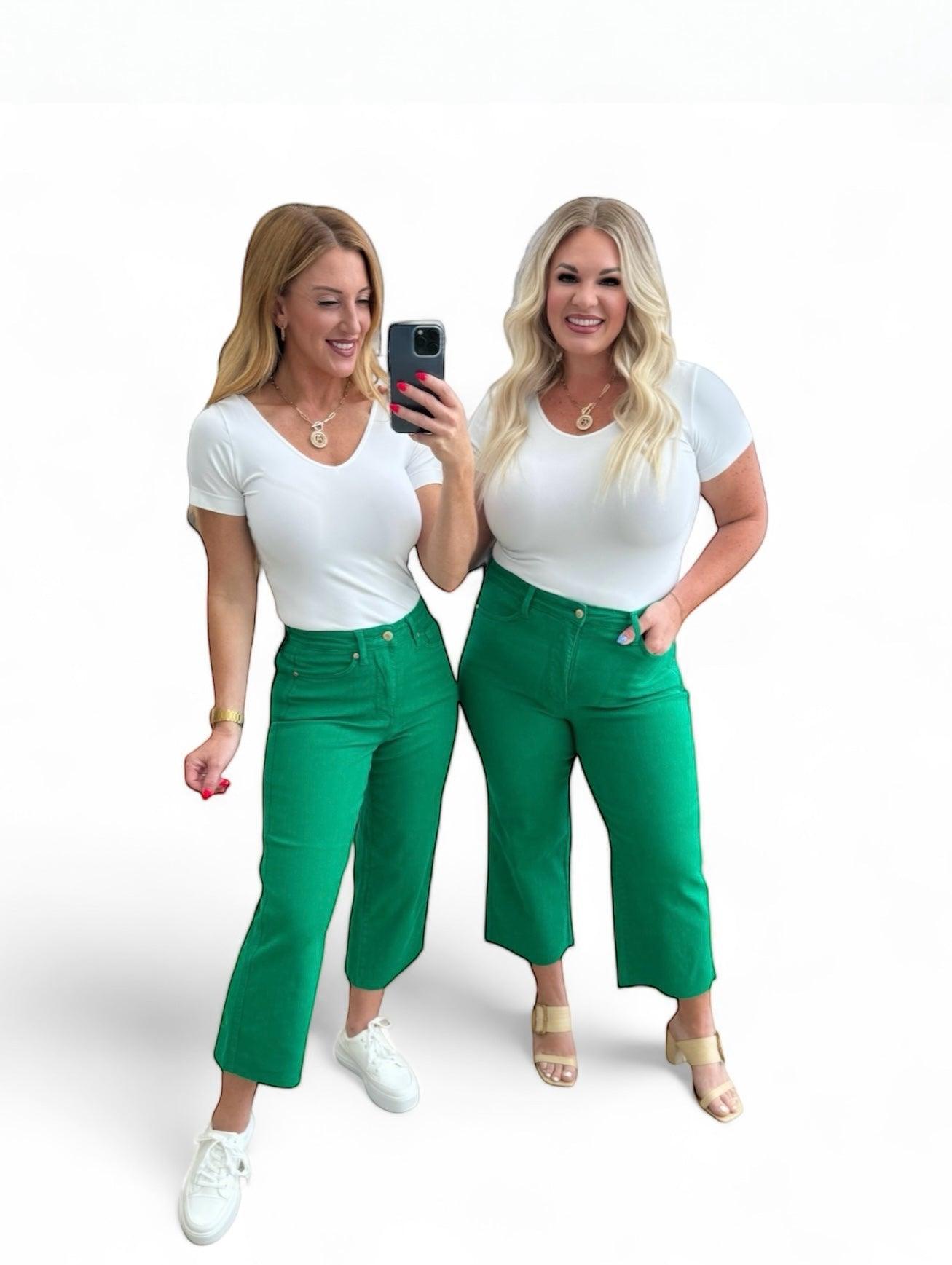 Lisa High Rise Control Top Wide Leg Crop Jeans in Kelly Green Jeans